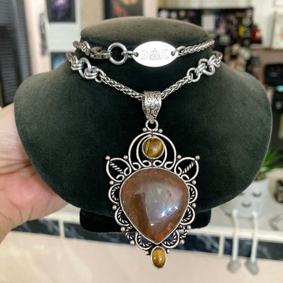 925 sterling silver overlay charm red jasper & golden brown tiger eye necklace - Picture 11 of 16